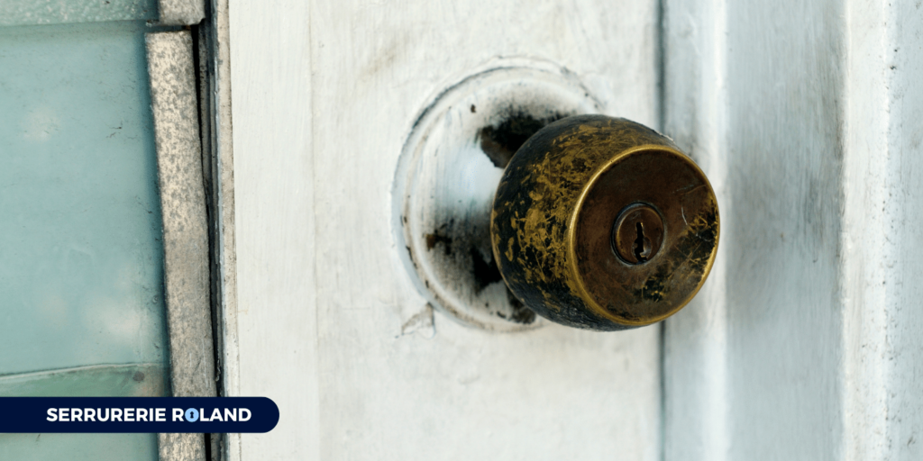 Une porte avec des signes de corrosion ou de condensation autour de la serrure.